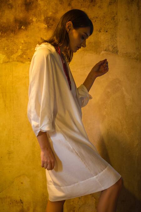 Buy_Stephany_White Cotton Satin V Neck Dress _Online_at_Aza_Fashions