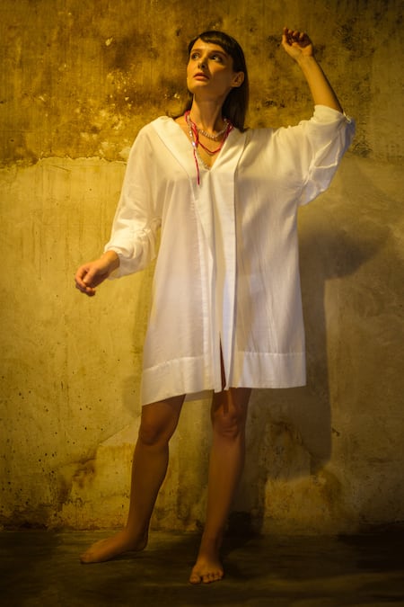 Shop_Stephany_White Cotton Satin V Neck Dress _Online_at_Aza_Fashions