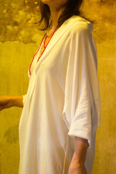 Stephany_White Cotton Satin V Neck Dress _at_Aza_Fashions