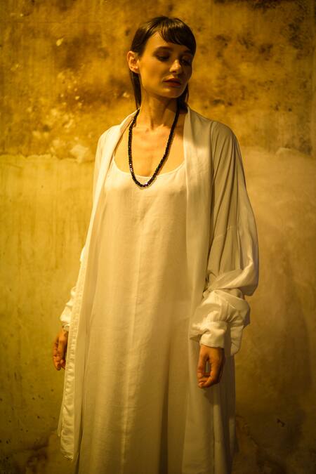 Stephany_White Cotton Satin Open Jacket _Online_at_Aza_Fashions