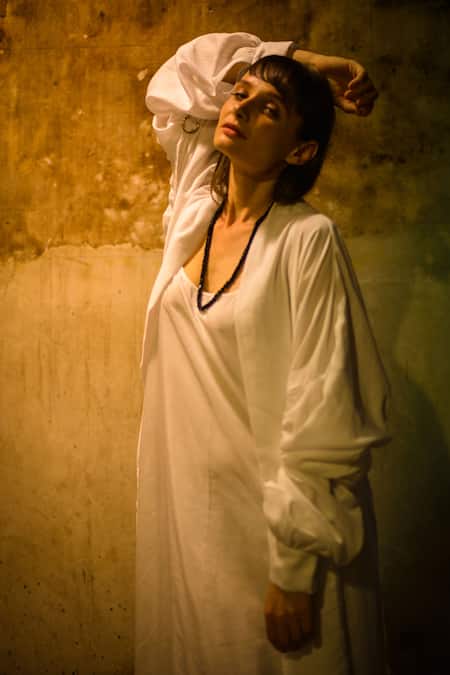 Buy_Stephany_White Cotton Satin Open Jacket _Online_at_Aza_Fashions