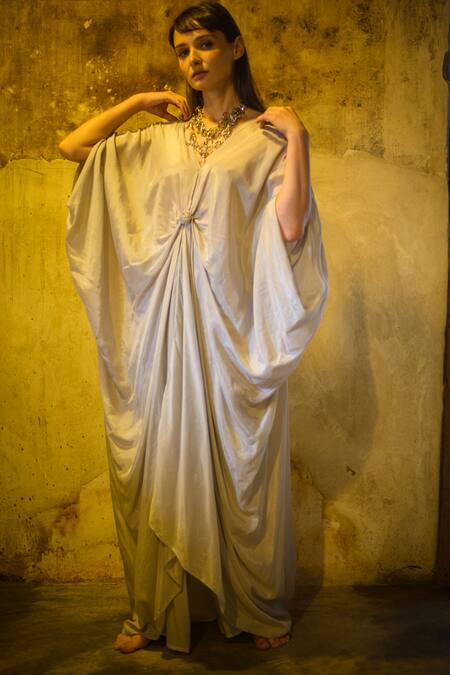 Buy_Stephany_Grey Cotton Satin V Neck Draped Dress _Online_at_Aza_Fashions