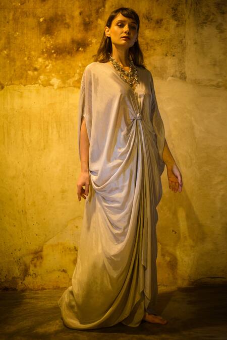 Stephany_Grey Cotton Satin V Neck Draped Dress _Online_at_Aza_Fashions