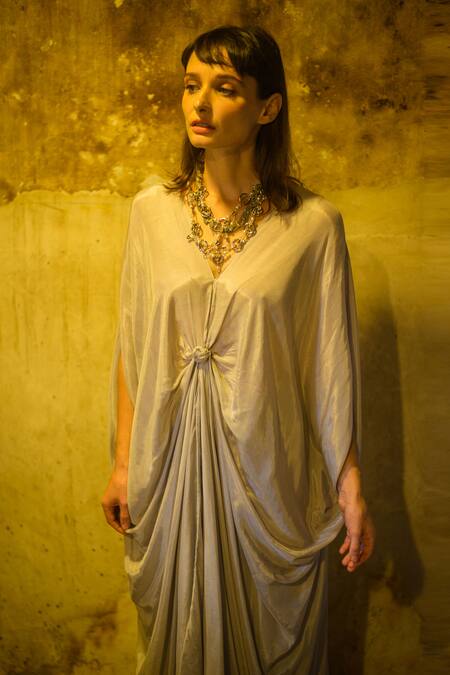 Shop_Stephany_Grey Cotton Satin V Neck Draped Dress _Online_at_Aza_Fashions