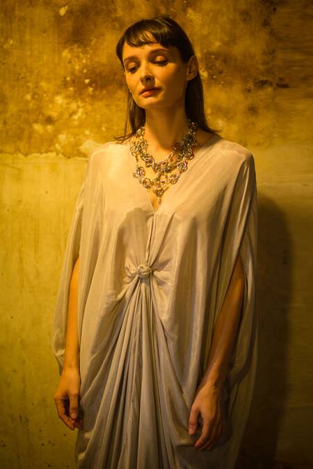 Stephany_Grey Cotton Satin V Neck Draped Dress _at_Aza_Fashions