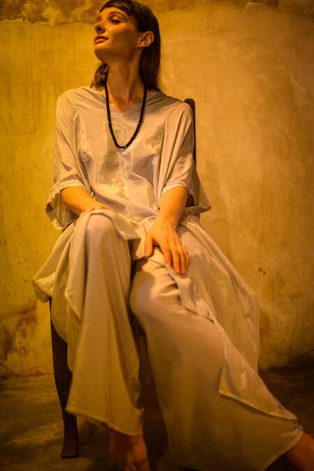 Buy_Stephany_Grey Cotton Silk V Neck Asymmetric Tunic  _Online_at_Aza_Fashions