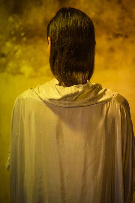 Shop_Stephany_Grey Cotton Silk V Neck Asymmetric Tunic  _Online_at_Aza_Fashions