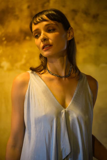 Stephany_Grey Cotton Silk V Neck Draped Dress _at_Aza_Fashions