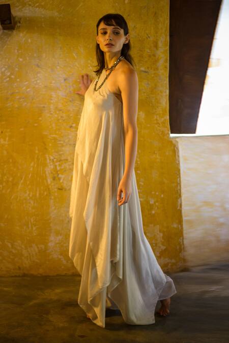 Stephany_Grey Cotton Silk Asymmetric One Shoulder Draped Tunic  _Online_at_Aza_Fashions