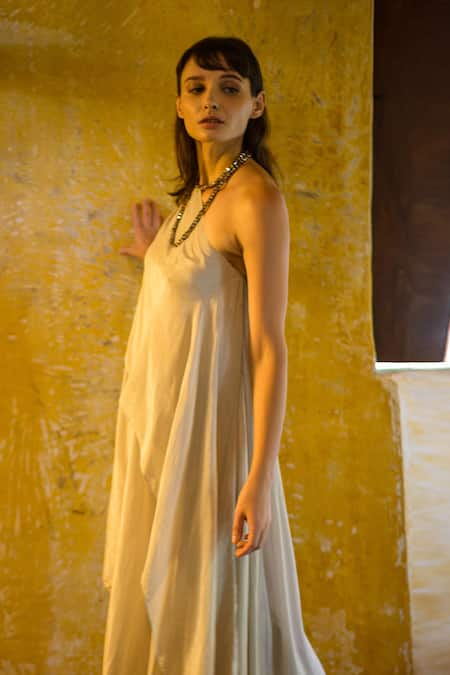 Shop_Stephany_Grey Cotton Silk Asymmetric One Shoulder Draped Tunic  _Online_at_Aza_Fashions