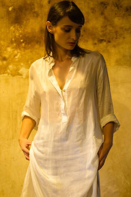 Stephany_White Cotton Silk V Neck Tunic  _at_Aza_Fashions