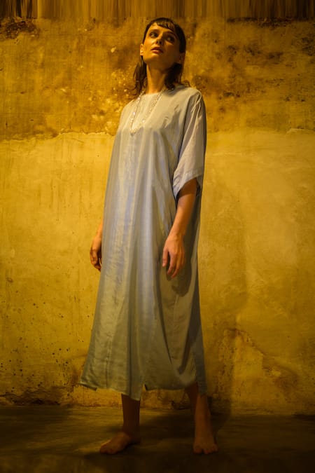 Stephany_Blue Cotton Silk Round Dress _Online_at_Aza_Fashions
