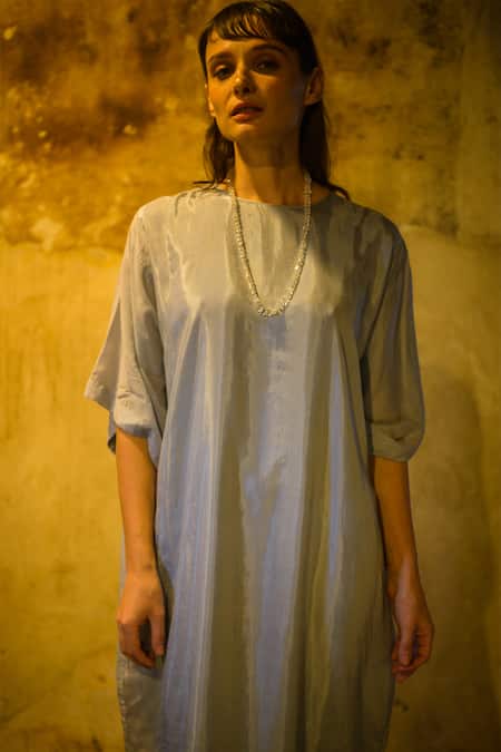 Buy_Stephany_Blue Cotton Silk Round Dress _Online_at_Aza_Fashions