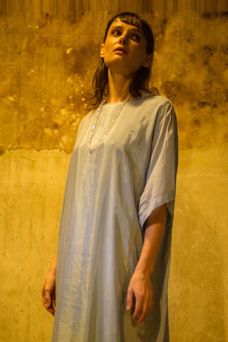 Shop_Stephany_Blue Cotton Silk Round Dress _Online_at_Aza_Fashions