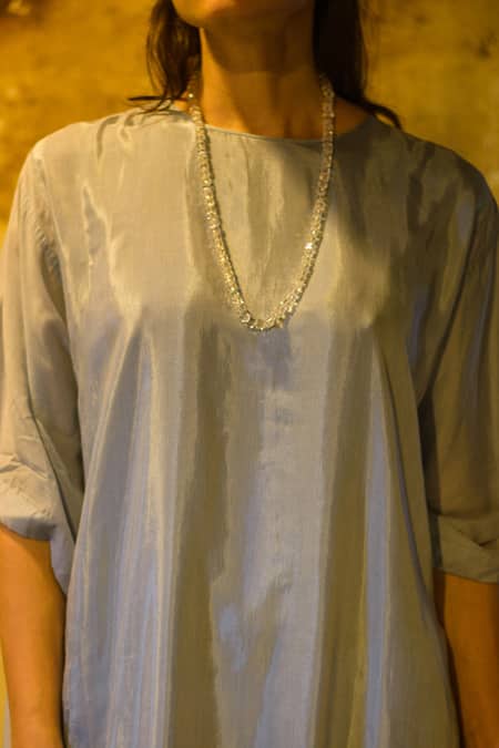 Stephany_Blue Cotton Silk Round Dress _at_Aza_Fashions