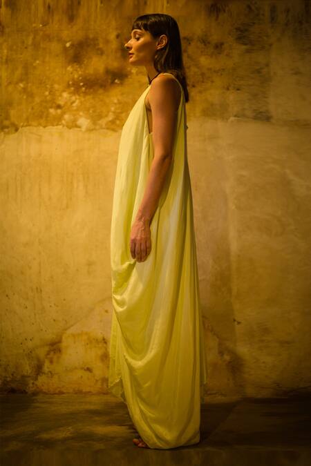 Stephany_Yellow Cotton Silk V Neck Draped Dress _Online_at_Aza_Fashions