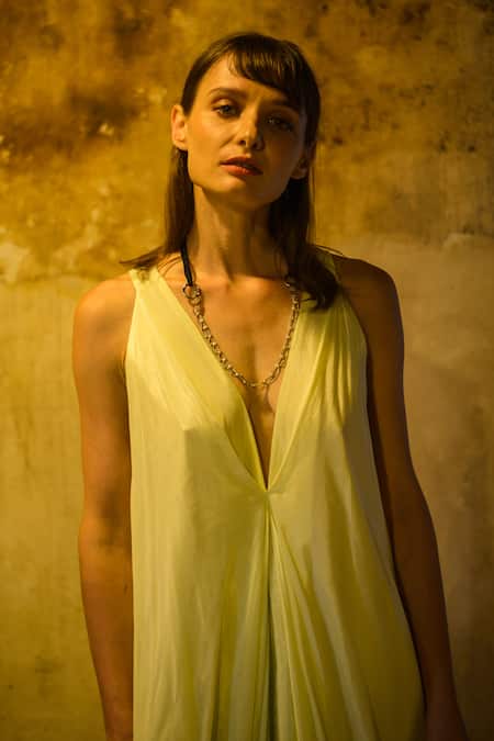 Buy_Stephany_Yellow Cotton Silk V Neck Draped Dress _Online_at_Aza_Fashions