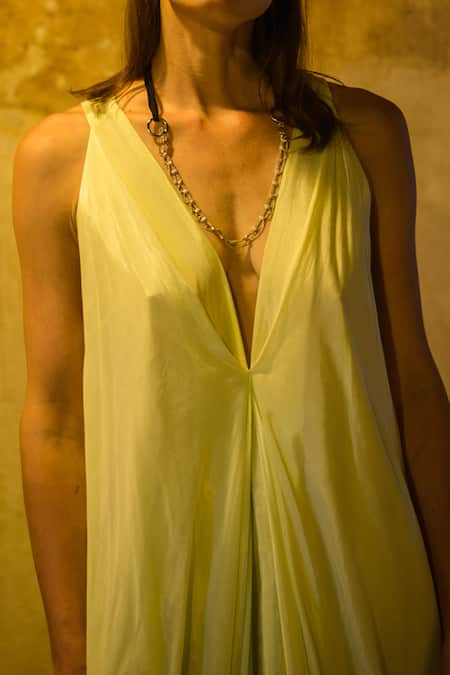 Shop_Stephany_Yellow Cotton Silk V Neck Draped Dress _Online_at_Aza_Fashions