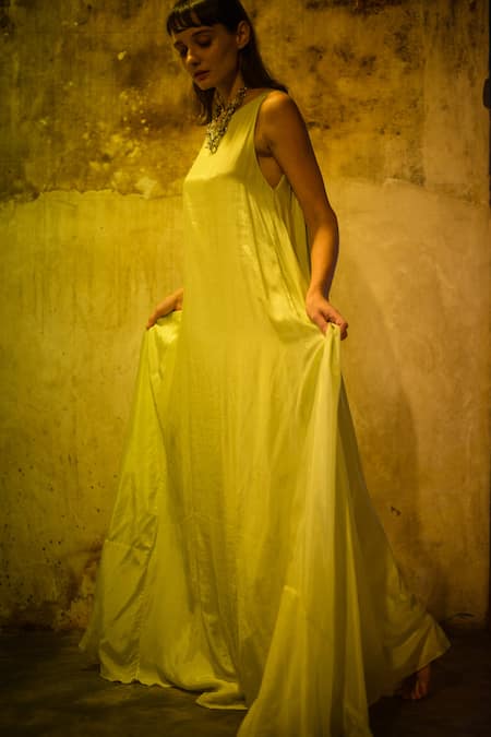 Stephany_Yellow Cotton Silk Round Draped Dress _Online_at_Aza_Fashions