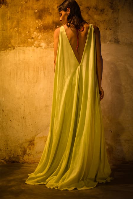 Buy_Stephany_Yellow Cotton Silk Round Draped Dress _Online_at_Aza_Fashions