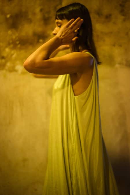 Shop_Stephany_Yellow Cotton Silk Round Draped Dress _Online_at_Aza_Fashions