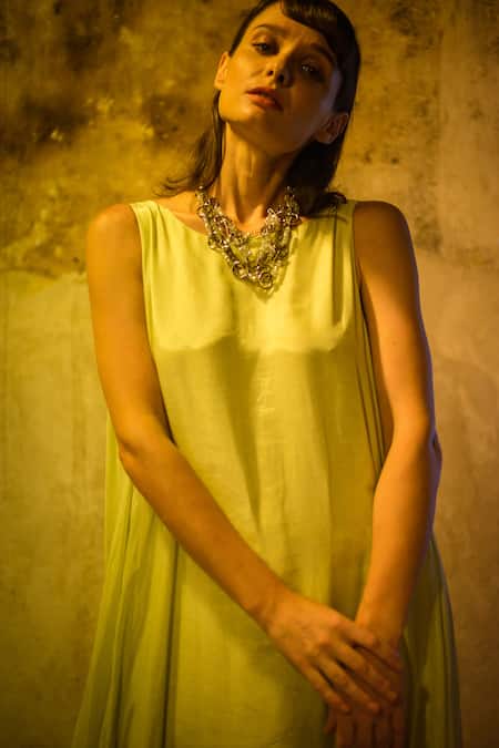 Stephany_Yellow Cotton Silk Round Draped Dress _at_Aza_Fashions