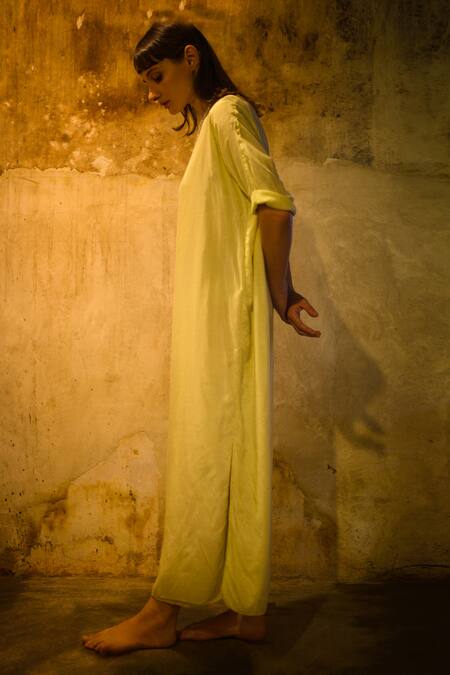 Stephany_Yellow Cotton Silk Boat Dress _Online_at_Aza_Fashions