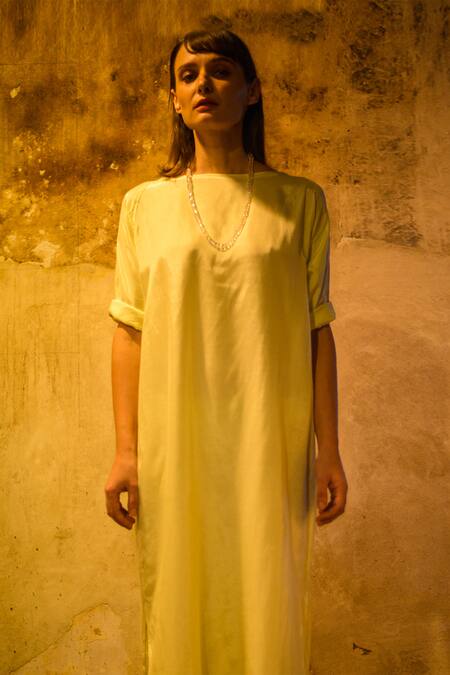 Buy_Stephany_Yellow Cotton Silk Boat Dress _Online_at_Aza_Fashions