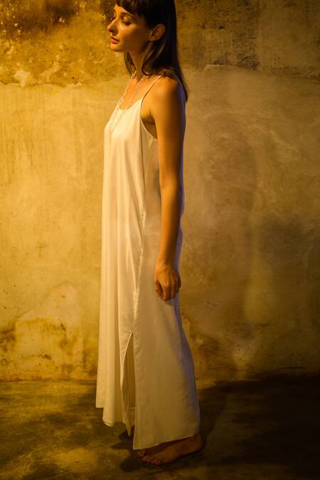 Stephany_White Cotton Silk Boat Dress _Online_at_Aza_Fashions