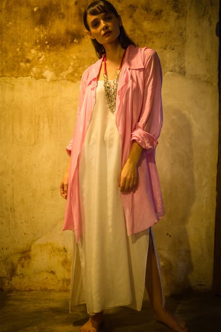 Stephany_Pink Cotton Satin Notched Lapel Jacket _Online_at_Aza_Fashions