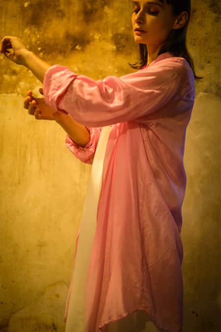 Stephany_Pink Cotton Satin Notched Lapel Jacket _at_Aza_Fashions