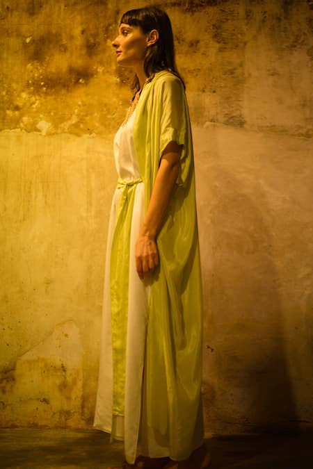 Stephany_Green Cotton Satin Open Jacket _Online_at_Aza_Fashions