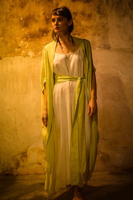 Buy_Stephany_Green Cotton Satin Open Jacket _Online_at_Aza_Fashions