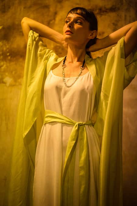 Shop_Stephany_Green Cotton Satin Open Jacket _Online_at_Aza_Fashions