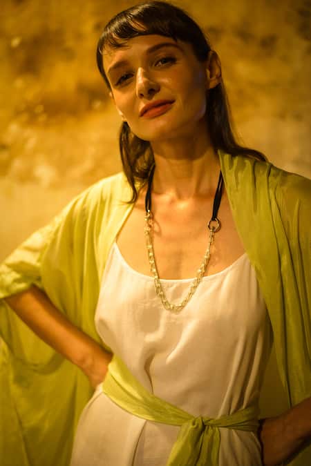 Stephany_Green Cotton Satin Open Jacket _at_Aza_Fashions