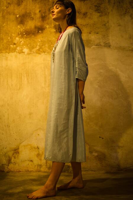 Stephany_Blue Cotton Silk Boat Tunic Dress _Online_at_Aza_Fashions