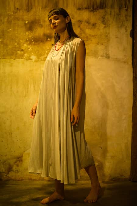 Stephany_Grey Cotton Silk Open Dress With Layered Jacket _Online_at_Aza_Fashions