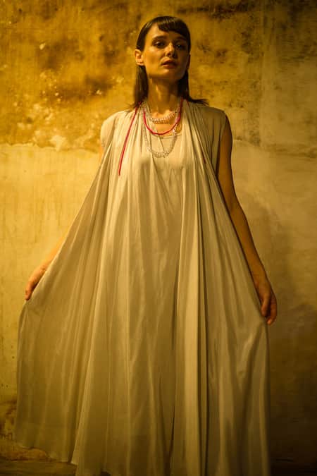 Buy_Stephany_Grey Cotton Silk Open Dress With Layered Jacket _Online_at_Aza_Fashions