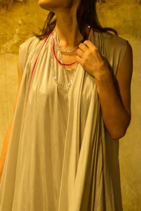 Shop_Stephany_Grey Cotton Silk Open Dress With Layered Jacket _Online_at_Aza_Fashions