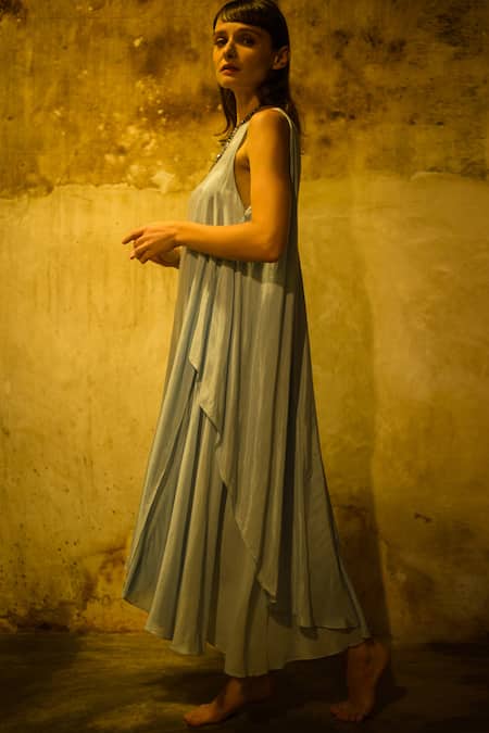 Stephany_Blue Cotton Silk Straight Maxi Dress _Online_at_Aza_Fashions