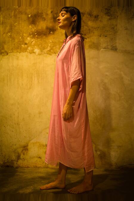Stephany_Pink Cotton Silk V Neck Dress _Online_at_Aza_Fashions