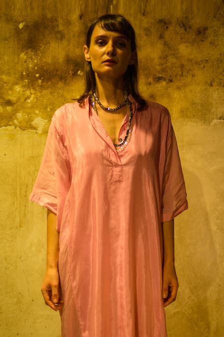 Buy_Stephany_Pink Cotton Silk V Neck Dress _Online_at_Aza_Fashions