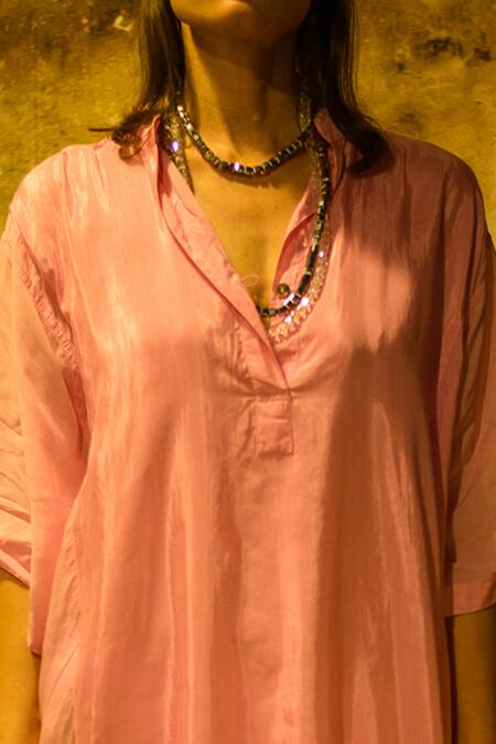 Shop_Stephany_Pink Cotton Silk V Neck Dress _Online_at_Aza_Fashions