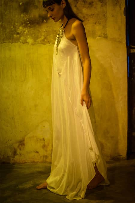Stephany_White Cotton Silk Asymmetric One Shoulder Dress _Online_at_Aza_Fashions
