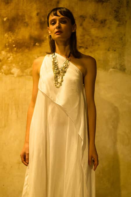 Stephany_White Cotton Silk Asymmetric One Shoulder Dress _at_Aza_Fashions