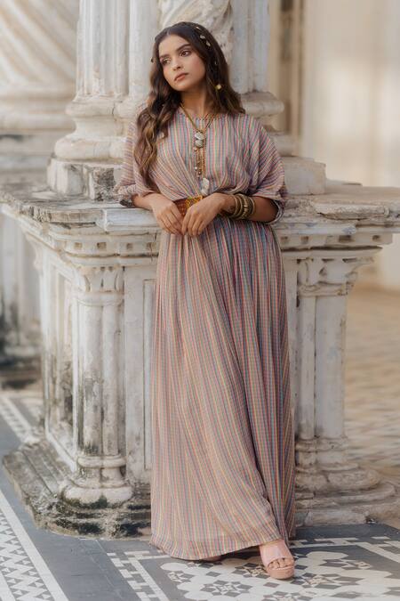 Nikita Vishakha_Multi Color Georgette Stripe Pattern And Cheed Handwork Round Print Gown_Online_at_Aza_Fashions