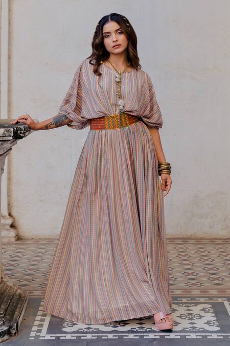 Buy_Nikita Vishakha_Multi Color Georgette Stripe Pattern And Cheed Handwork Round Print Gown_Online_at_Aza_Fashions