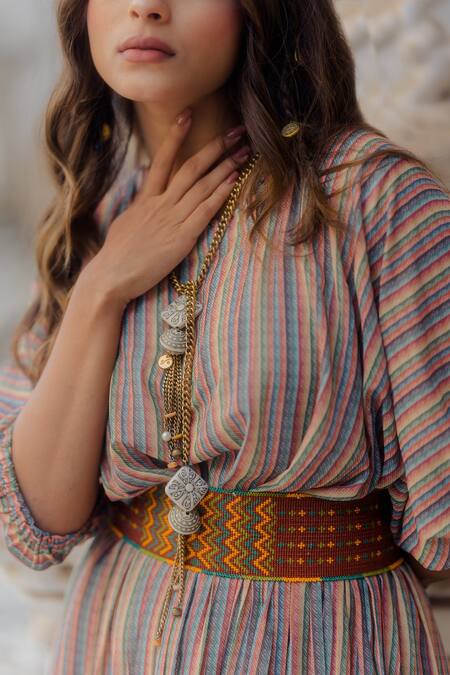 Shop_Nikita Vishakha_Multi Color Georgette Stripe Pattern And Cheed Handwork Round Print Gown_Online_at_Aza_Fashions