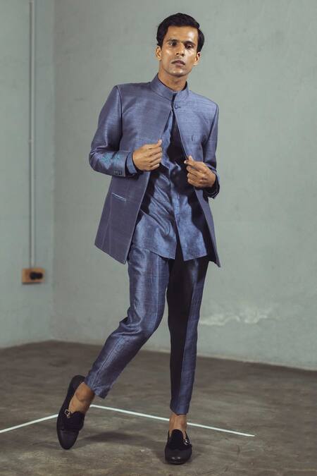 Mitesh Lodha_Grey Raw Silk Bandhgala_Online_at_Aza_Fashions