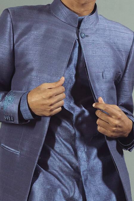 Buy_Mitesh Lodha_Grey Raw Silk Bandhgala_Online_at_Aza_Fashions